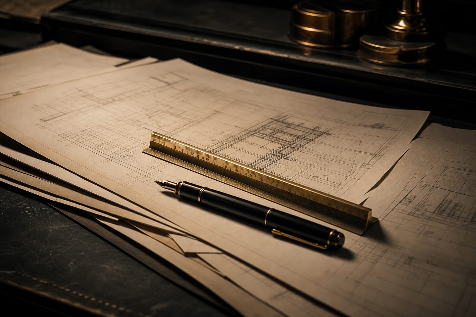 Engineering drawings and a brass scale ruler on a work table, close up in warm light
