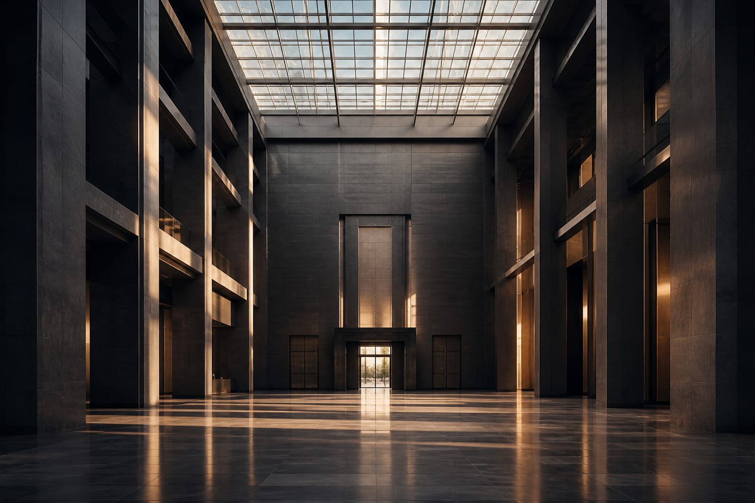Institutional atrium in slate stone and bronze detailing, morning light falling across the floor