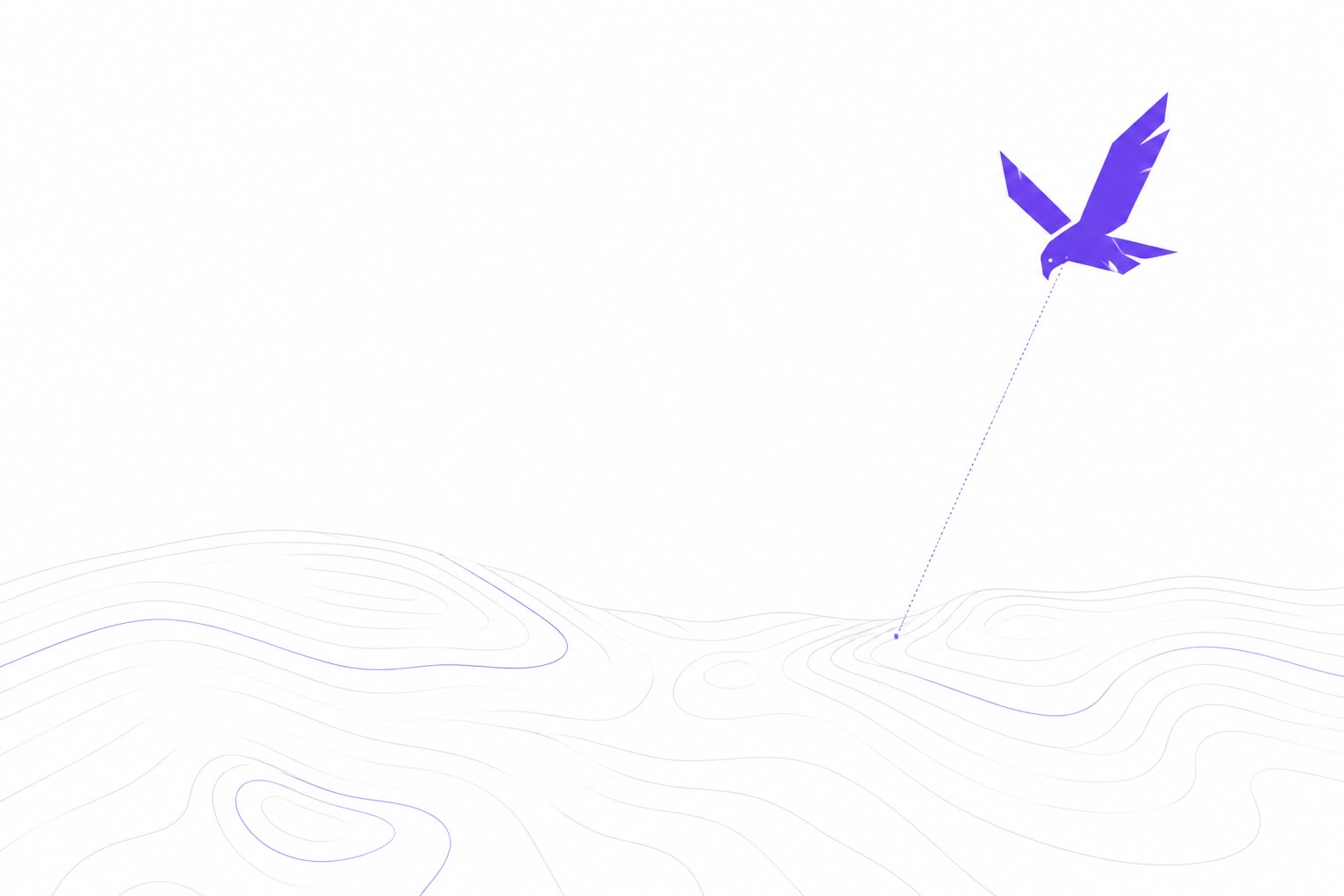 Abstract kestrel hovering above topographic contour lines, a dotted sightline scanning the terrain below