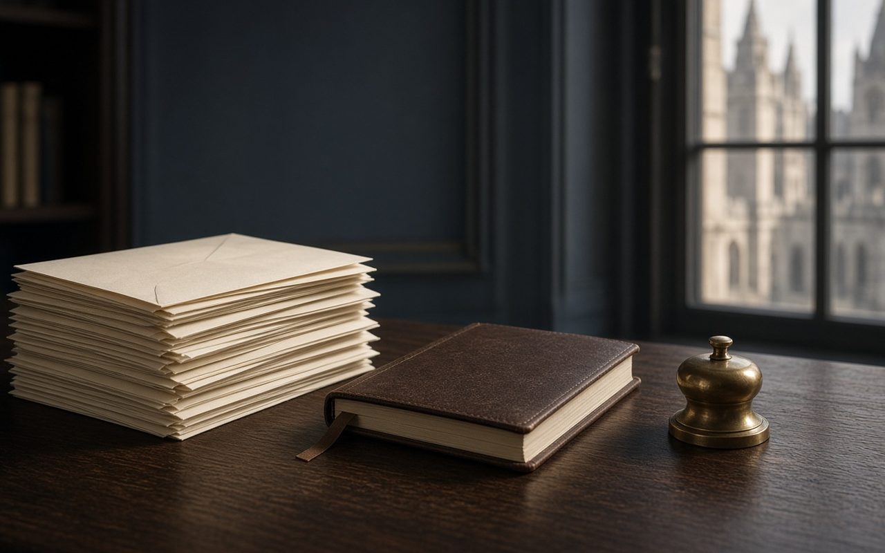 Stack of cream envelopes and a leather notebook on a dark desk
