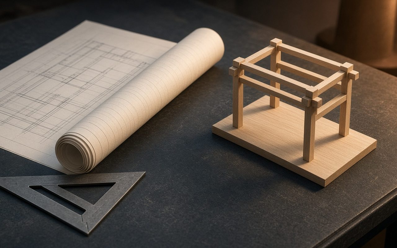 Rolled blueprint and a small wood frame model on a drafting table