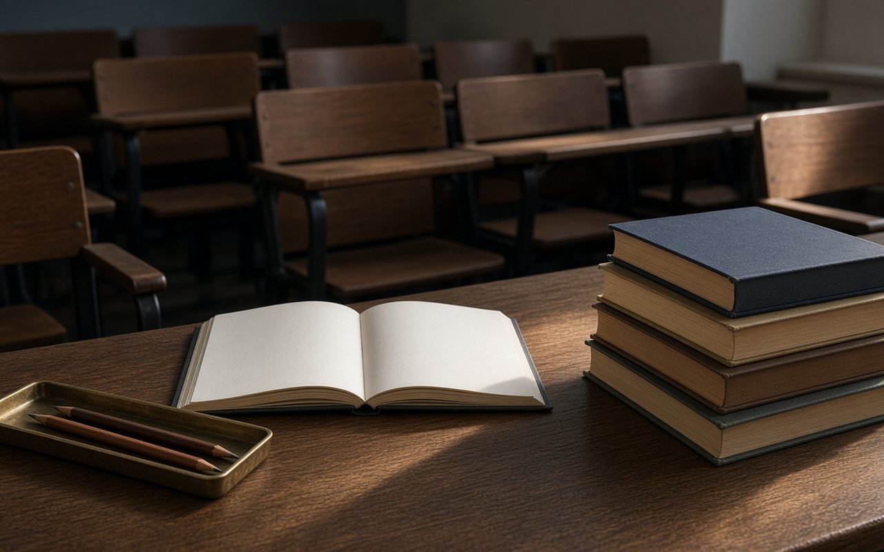 Open notebook and clothbound books on an empty lecture-hall desk