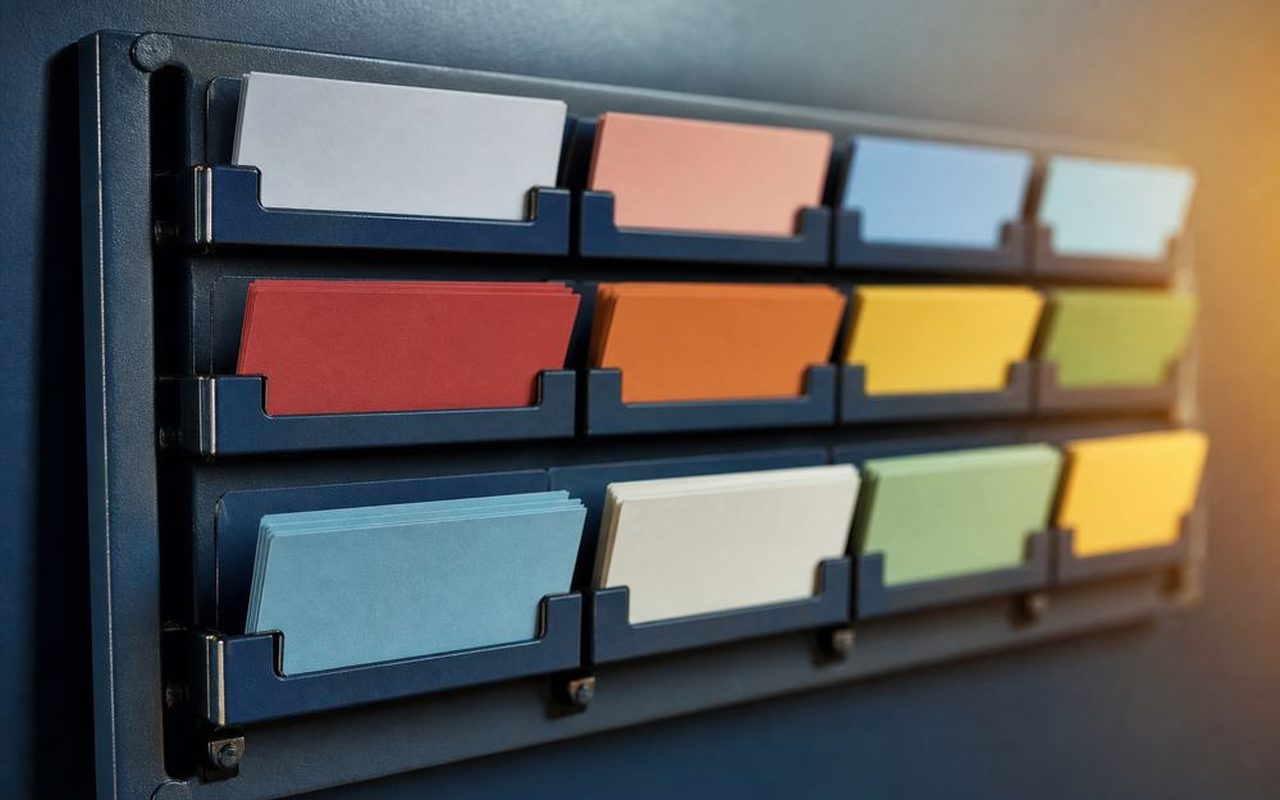 Wall-mounted status-card rack with blank colored cards
