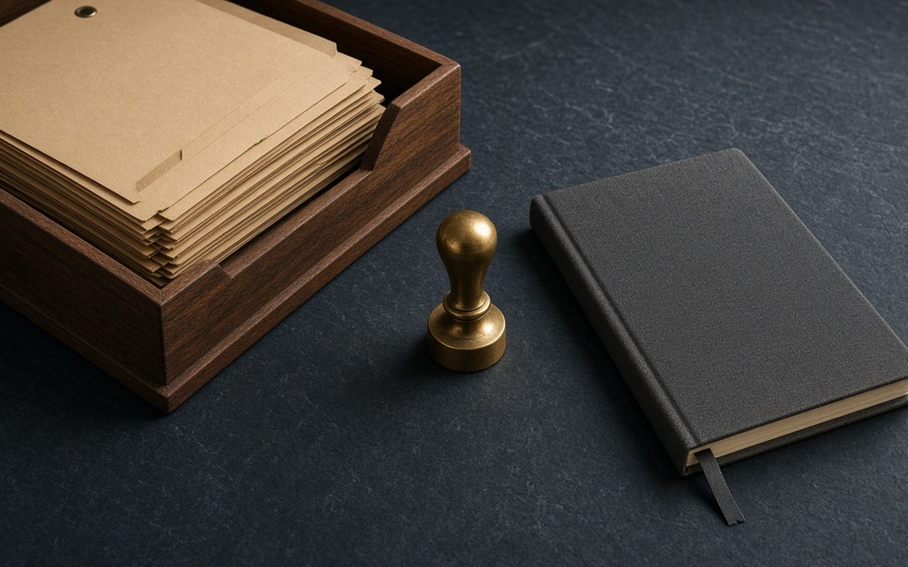 Manila folders in a walnut inbox tray with a brass date stamp