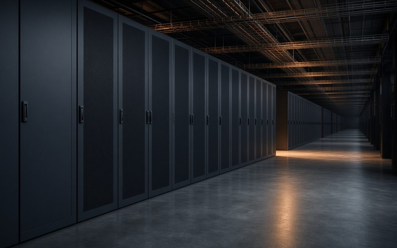 Aisle of dark server cabinets in warm sidelight