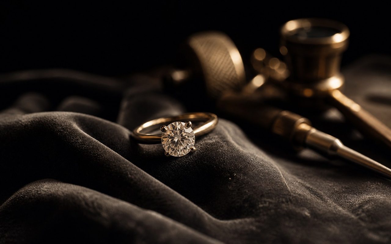 Diamond solitaire ring on dark velvet beside a jeweler's loupe