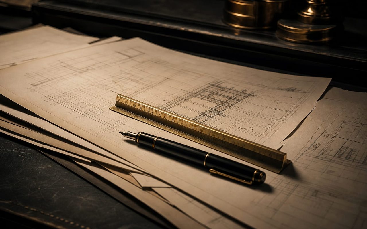 Engineering drawings and a brass scale ruler on a work table