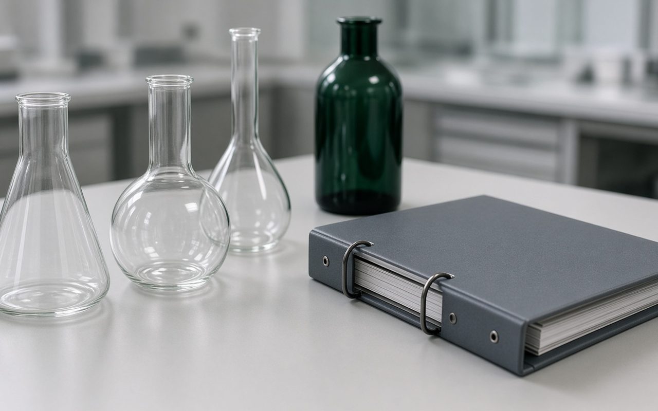 Glass flasks and a closed stainless binder on a laboratory bench