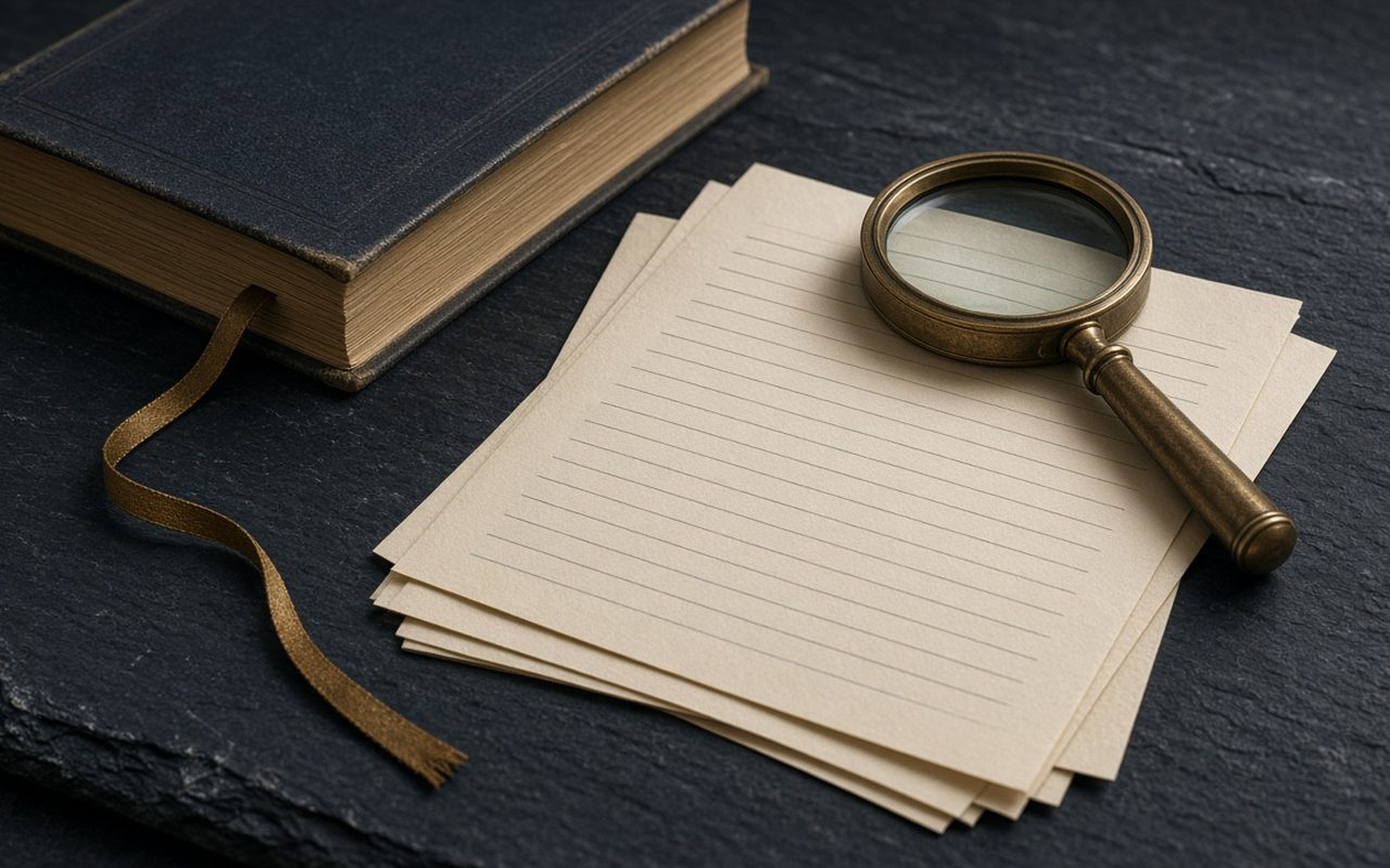 Bound gazette and loose pages with a brass magnifying glass