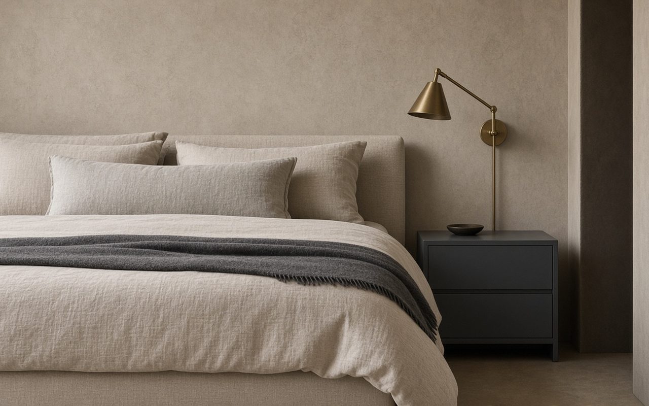 Neatly made bed in oatmeal linen beside a brass lamp