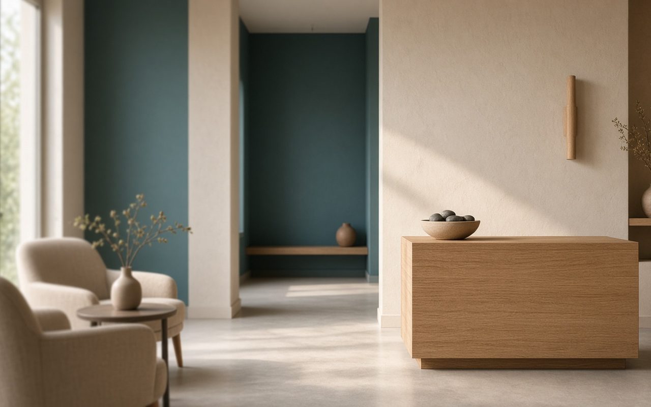 Empty clinic waiting room with a wood reception desk and linen chairs